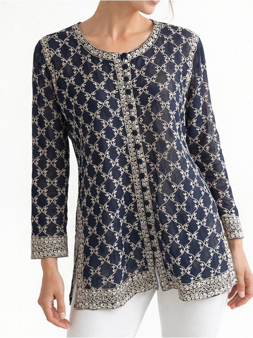 Sheer Embroidered Tunic Top Full Placket Covered Buttons Side Slit Blue Cream M